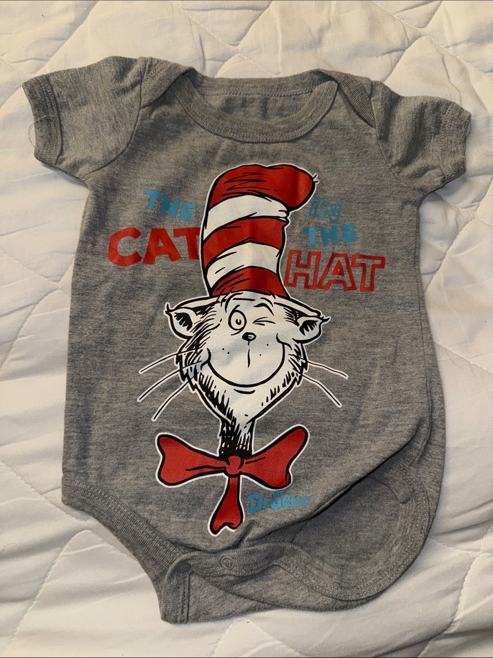 6m vintage Dr. Seuss The Cat in the Hat Gray Baby Onesie